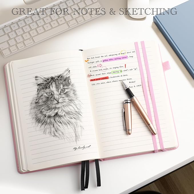 Lined Journal Notebook for Women Men, 352 Pages A5(5.7" x 8.3")College Ruled Hardcover Leather Journals for Writing, Daily Journal Notebooks for Work, Note Taking, Travel, School, Business (Pink)