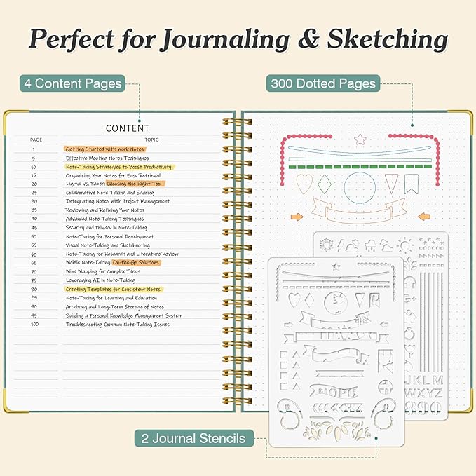 Bullet Dotted Journal Spiral Notebook, 300 Pages Leather Notebooks with Contens, 120 GSM Thick No Bleed Through Paper Journals, A5 Dot Grid Notebook for Women Men School Work Writing, 5.5" x 8", Green