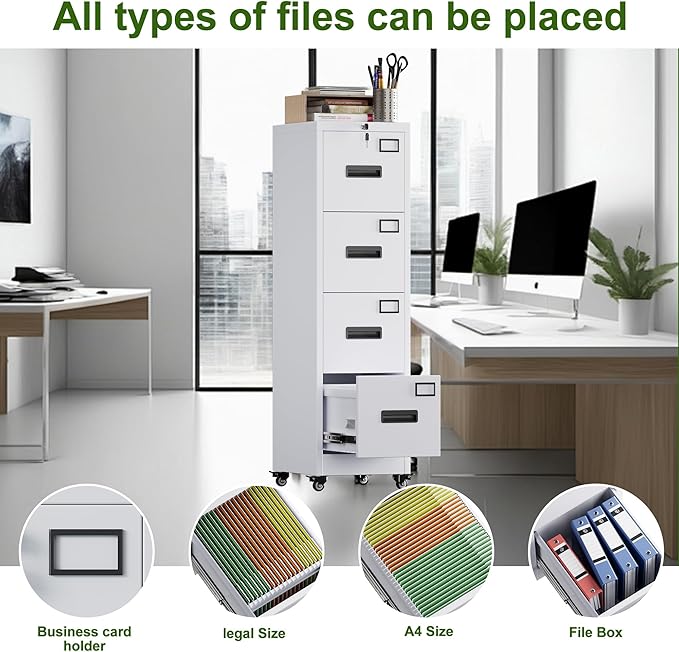 Aobabo 4 Drawer File Cabinet with Wheels, Lockable Metal Filing Cabinet with Name Card for Office and Home,Required Assembly,White