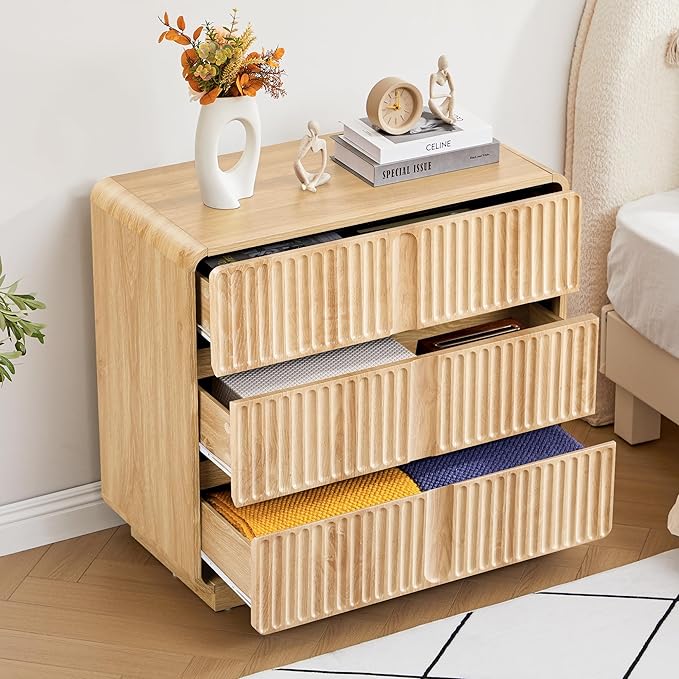 Turtle&Myrtle Fluted 3 Drawer Dressers for Bedroom, 31.5" Wide Large Mid Century Modern Nightstand W/3 Storage Drawers, Wood Dresser & Chest of Drawers with Curved Profile for Living Room (Natural)