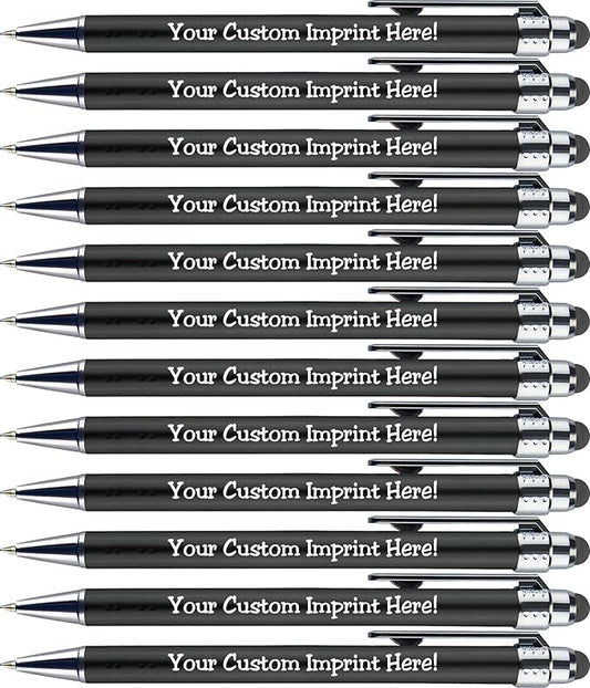 Personalized Pens with Stylus Tip -Bright Vibes- Click action - Custom - Black writing - Printed Name pens - Imprinted with Your Logo or Message - FREE PERSONALIZATION - 12 Pens/Box (Black)