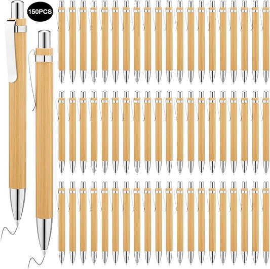 SATINIOR 150 Pcs Bamboo Ballpoint Pens Wooden Retractable Ballpoint Pen Bamboo Black Ink 1mm Pen Wood Sustainable Pens for Men Women Employee Writing Signature Journaling Home Office School