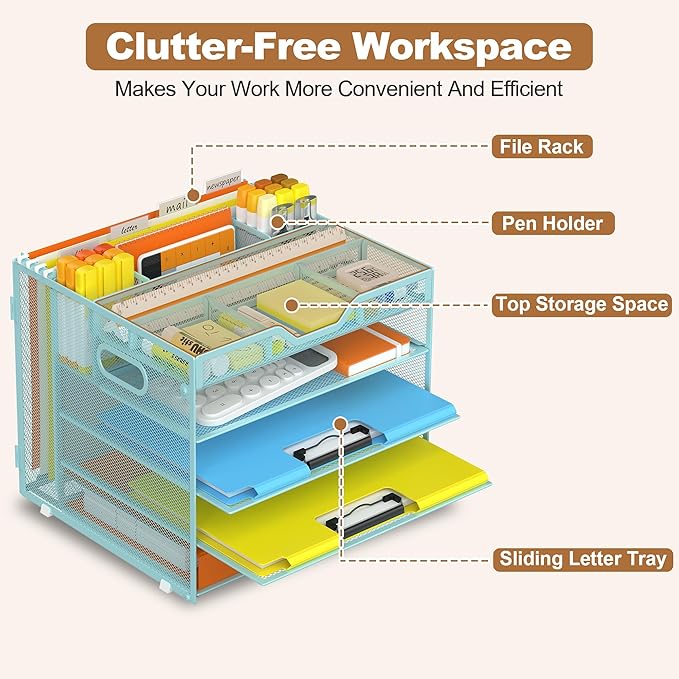 Docnest 5 Tier Letter Tray with Hanging File Organizer-Mesh Desk Organizer-Desktop Storage Box Built in Pen Holder and Handles, File Folder Holder for Mail Documents Office Supplies-Blue
