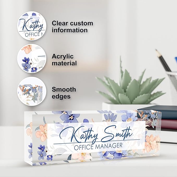 Personalized Name Plate for Desk, Custom Desk Name Plate, Acrylic Name Plate Office Desk Accessories, Personalized Office Gifts for Coworkers Teachers, Employee Appreciation Gifts (A-WaterColor2)