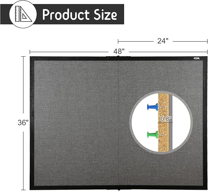 Gideal Large Bulletin Board 36 x 48, Cork Boards for Walls, Black Wood Framed Corkboards with Grey Fabric, Foldable Cork Board for Office, Home & School, Wall Mounted Notice Pin Display Board