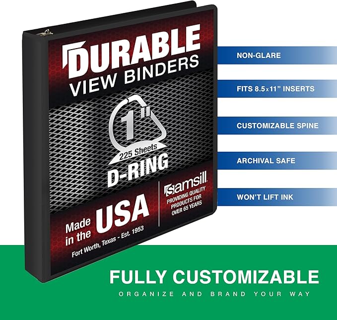 Samsill Durable 1 Inch Binder, Made in The USA, D Ring Binder, Customizable Clear View Cover, Charcoal Black, Holds 225 Pages