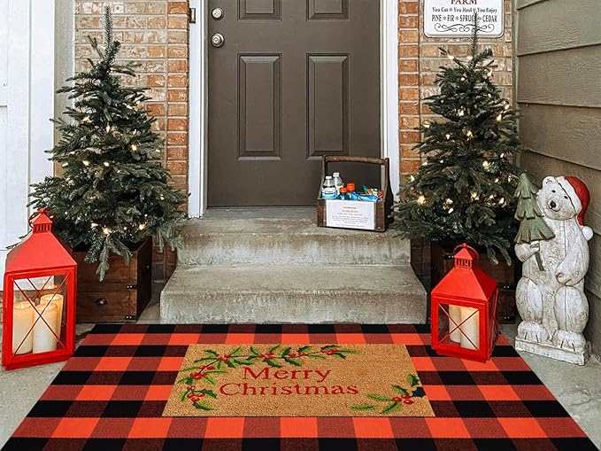 Fall Plaid Area Rug 3x5 Ft, Orange and Black Buffalo Check Large Farmhouse Cotton Rug, Hand-Woven Washable Indoor Outdoor Carpet for Halloween Thanksgiving Autumn Porch Patio Decor