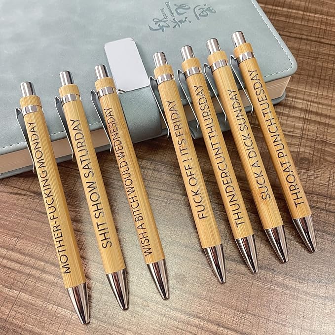 7-Piece Funny Bamboo Pen Set for Sarcastic Souls, Unique Days of The Week Mood Ballpoint Pens with Engraved Humorous Quotes, Excellent Gift for Office, Friends, and Coworkers