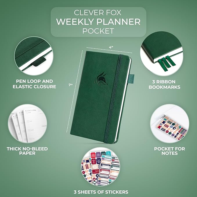 Clever Fox Pocket Planner Weekly – Undated Monthly Goal Planner and Calendar, Mini Planner Perfect for Purse, 3.7x6.7" (Forest Green)