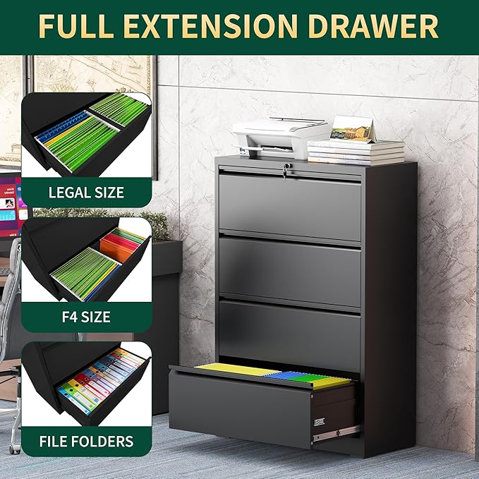 4 Drawer Lateral File Cabinet with Lock, Metal File Cabinets for Home Office, Steel Heavy-Duty Filing Storage Cabinet for Letters/Legal/A4 (Require Assembly, Black)