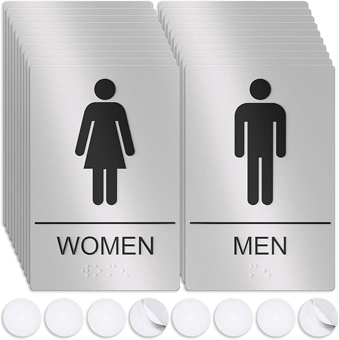 Unisex Bathroom Signs, Restroom Sign For Business - For Men and Women - 10 Pack - 9" by 6" - ADA Compliant with Braille - Strong Double-Sided Adhesives Included - Apply to Office, Home, Public Door/Wall