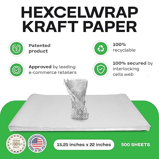 IDL Packaging 15.25" x 22" Honeycomb Kraft Packing Paper Sheets (Pack of 500), White – USA-Made Eco-Friendly Bubble Wrap Alternative for Shipping, Moving, Storage - Innovative Interlocking Slit Design