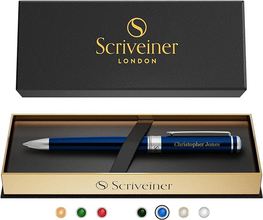 Scriveiner Personalized Midnight Blue Pen - Stunning Blue Lacquer Luxury Pen, Chrome Finish, Schmidt Ink Refill, Best Engraved Ball Point Gift Set for Men & Women, Custom Name Engraving