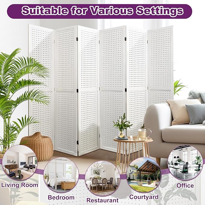 Room Divider, 5.6FT Folding Room Divider Panel, 6 Panel Pegboard Display Wood Partition Wall Divider for Room Separation& Craft Shows, White