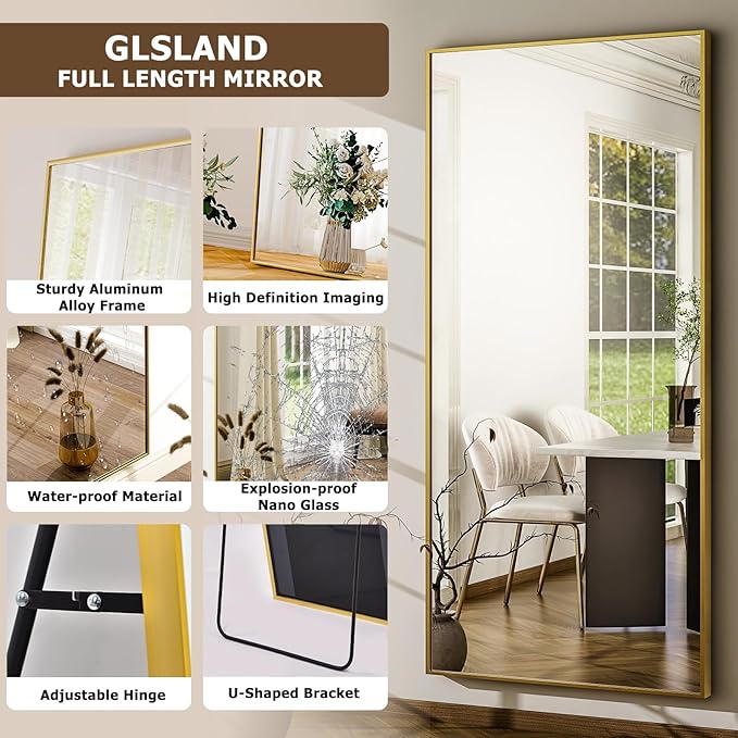 GLSLAND 68" x 24" Full Length Mirror - Rectangle Floor Mirrors Aluminum Alloy Frame Full Body Mirror for Bedroom, Living Room, Cloak Room, Gold
