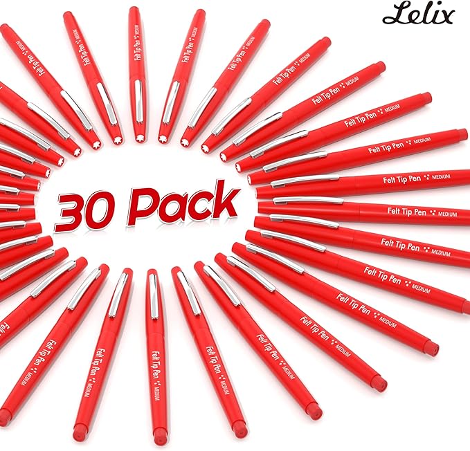 Lelix Felt Tip Pens, 30 Red Pack, 0.7mm Medium Point, Felt Tip Markers Pens for Journaling, Writing, Note Taking, Planner, Perfect for School Office and Art Supplies