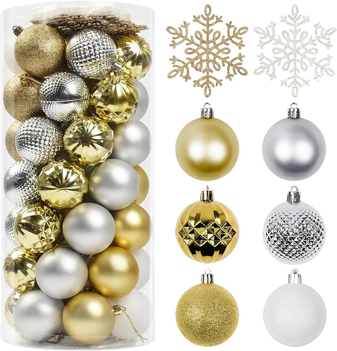 Christmas Tree Decorations Ornament Set, 60ct 2.36 Inches White Sliver and Gold Shatterproof Christmas Ball Ornaments, Hanging Ball for Xmas Holiday Wedding Party Decor