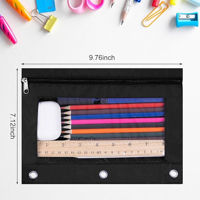 18-Packs 3 Ring Pencil Pouch with Clear Window School Classroom Binder Pocket Case Office Stationery Bag Black