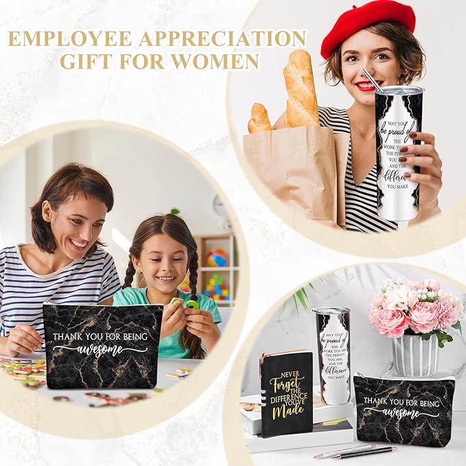 Domensi 6 Pcs Employee Appreciation Gift Set for Women Female Thank You Gift May You Be Proud 20 oz Rustic Marble Sign Tumbler Makeup Bag Journal for Teacher Nurse Lady Work Business(Black)