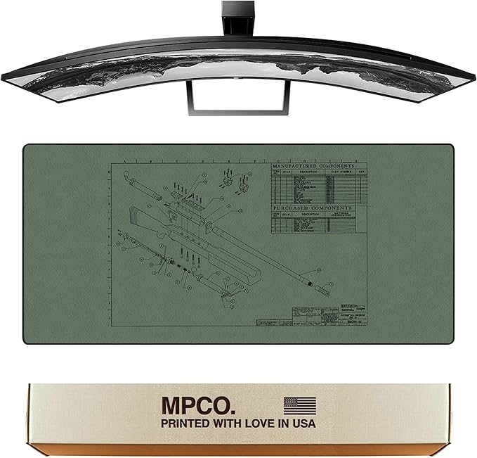 MPCO. Blueprints Large Gaming Desk Pad - 36" x 17" Aeroglyde Fabric Browning 50 Cal – Green Desk Mats - Non-Slip, Washable, Smooth Glide for Precision Gaming & Work