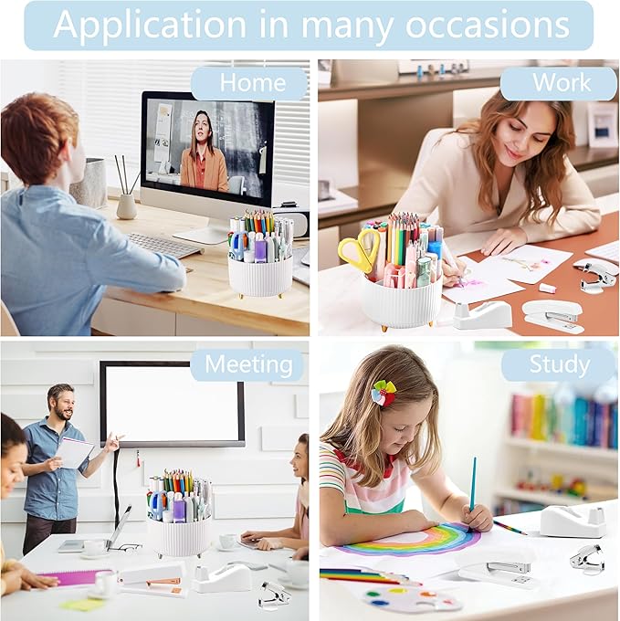 Office Desk Accessories, White Office Supplies 360°Pen Holder Desk Organizers And Accessories with Tape Dispenser, Stapler, Staple Remover, 1000 Staples, Tape, Clips Set, Ruler, Scissor, Pen