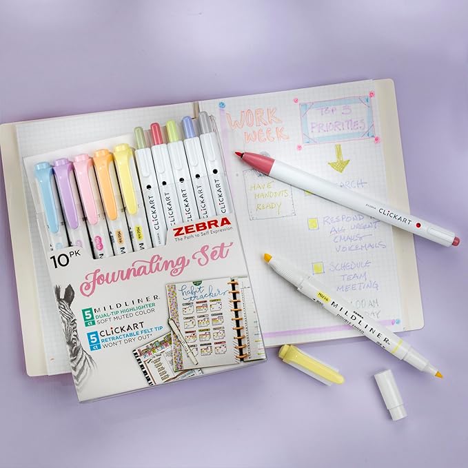 Zebra Pen - Creative 10-Pack Journaling Set - No Bleed Highlighters & CLiCKART Pens - Assorted Colors for Note-Taking, Bible Study, Bullet Journaling (14010)
