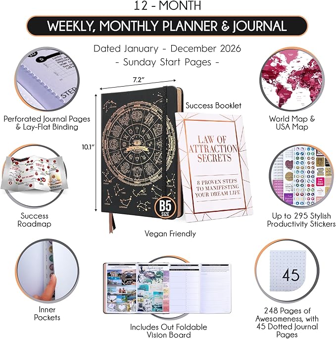 2026 Planner Weekly and Monthly | Law of Attraction Planner with Panduo App | A 12 Month Journey for Productivity, Gratitude & Goal Setting | Includes Foldable Vision Board, Gift Box & Stickers