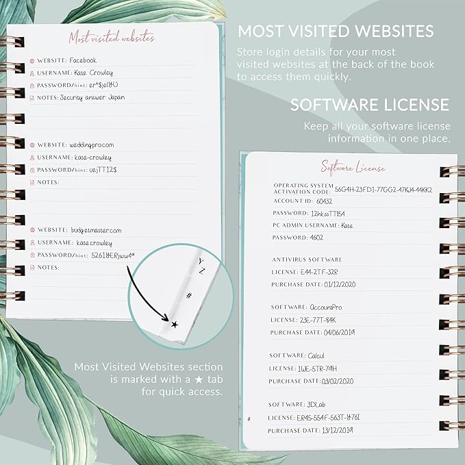 PLANBERRY Password Book Premium – Small Internet Address Organizer with A-Z Tabs – Pocket Website Password Keeper with Alphabetical Tabs – 4.7x5.7″, Hardcover (Natural Green)