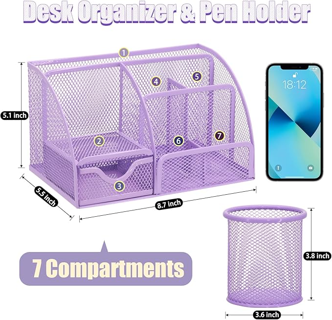 SYMDROMIA 13-in-1 Office Desk Organizer Set with Stapler and Tape Dispenser, Pen Holder, Scissors, Ruler, Hole Punch, 2 Pens & More Desktop Accessories for Back to School Supplies (Purple)