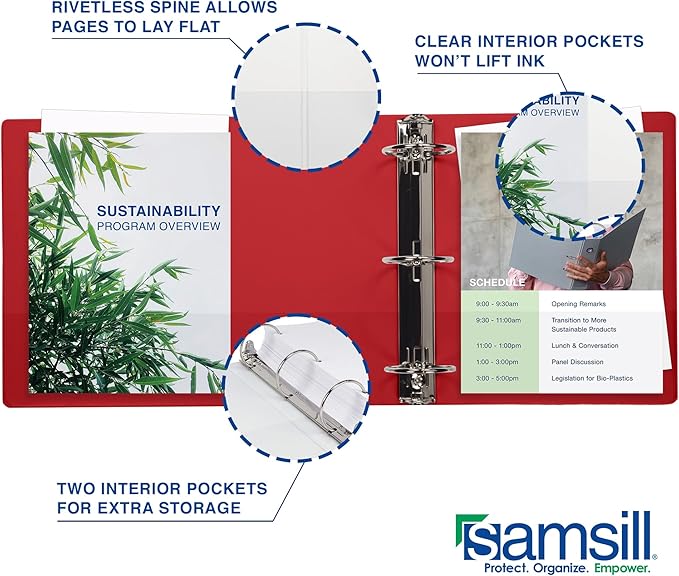 Samsill 1.5 Inch 3 Ring Binders, Made in USA, Economy Round Ring, Clear View Cover, 325 Sheet Capacity - for School, Home, Office - Red, 4 Pack