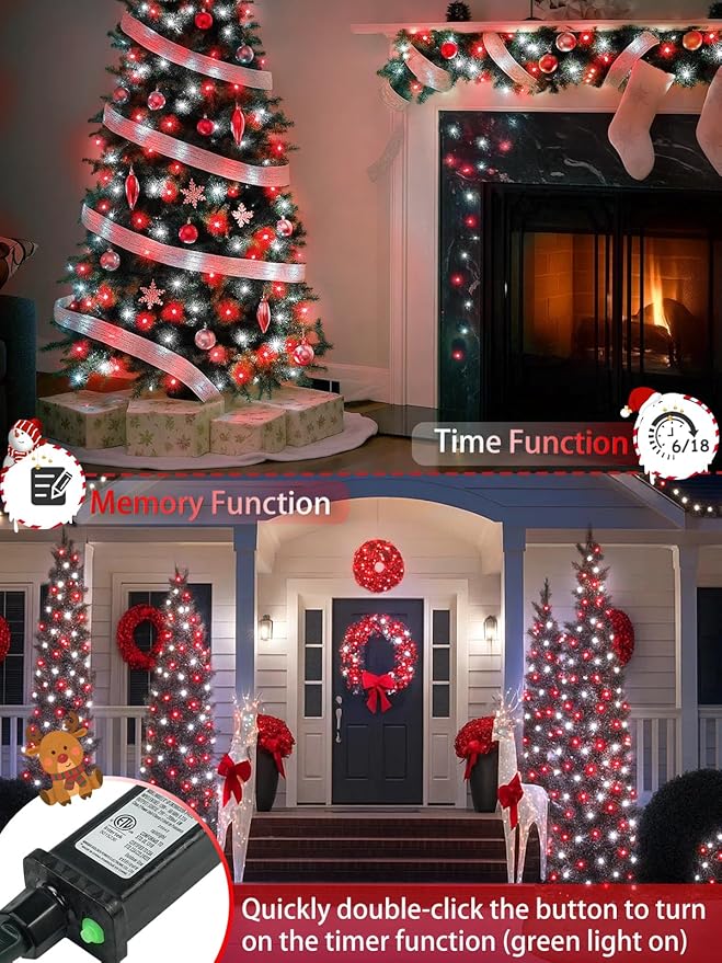 2-Pack 66FT 200 LED Christmas Lights, 13 Modes Extendable Christmas Tree Lights with Timer & Memory, Waterproof Twinkle Fairy Lights Green Wire Outdoor String Lights Indoor for Xmas Tree (Red White)