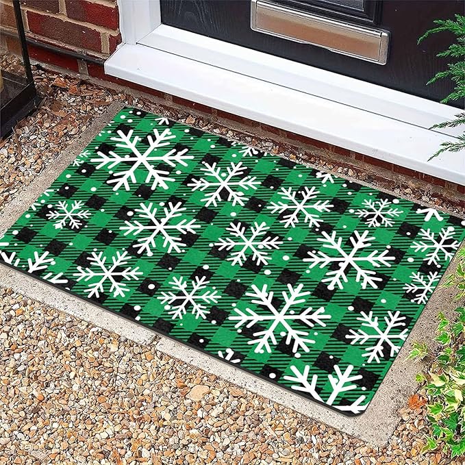 Merry Christmas Door Mat Xmas Snowflakes Doormat Non Slip Rubber Entry Front Porch Rugs Green Plaid Welcome Mats for Christmas Indoor Outdoors, 18" x 30"Inch