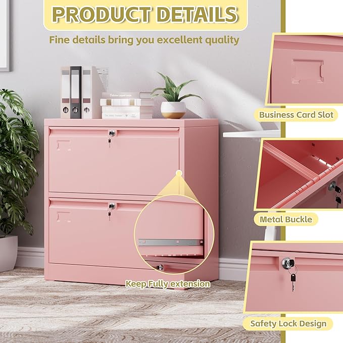 Metal Lateral File Cabinet, 30.24" H Lockable Files Cabinet, Ins Design Office Cabinet with 2 Drawers, Assembly Required