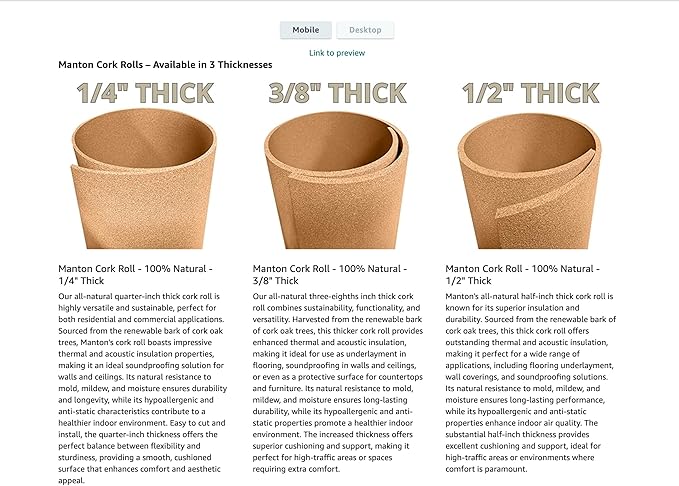 Manton Cork Premium Cork Roll - 4' x 4' x 1/4", 100% Natural Facing Grade Material for Bulletin Boards, Decorative Photo and Message Push Pin Displays - Perfect for Home, School, and Office