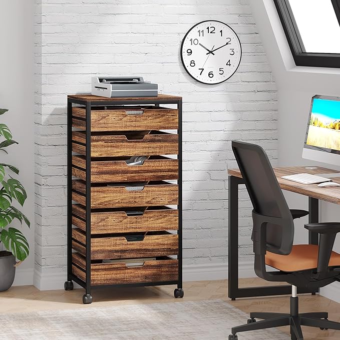 Tribesigns 7 Drawer Chest, Wood Storage Dresser Cabinet with Wheels, Industrial Storage Drawer Organizer Cart for Office Bedroom Entryway (Rustic Brown, 1 PC)