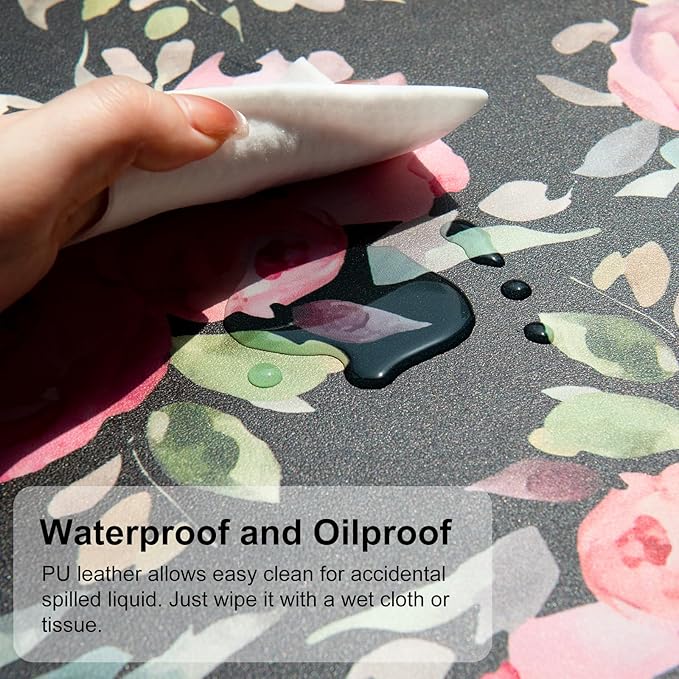 QIYI Large Mouse Pad, Floral Desk Mat for Desktop, Women Girls Watercolor Pink Flowers Office Décor Desk Accessories, PU Leather Waterproof Gaming Mousepad, Black Desk Pad Computer Mat, 31.5" x 11.8"