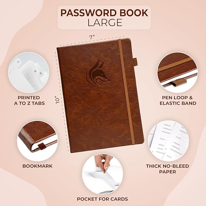 Clever Fox Password Book with alphabetical tabs. Internet Address Organizer Logbook. Large Password Keeper for Website Logins (Brown)
