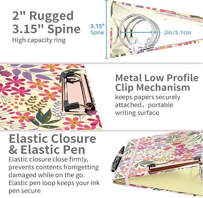 Ospelelf Mini 3 Ring Binder, 2 Inch, Cute Floral Binder for 5.5" x 8.5" with 5 Tab Dividers, File Folder Labels and Low Profile Clipboards
