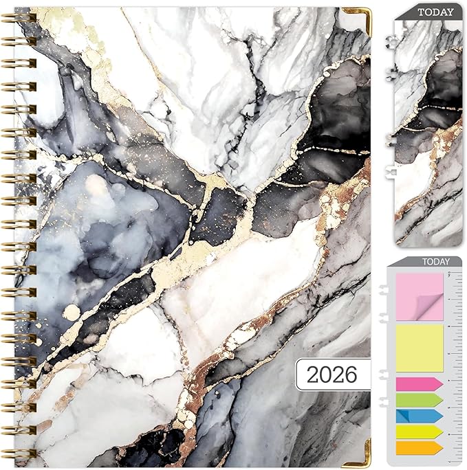 HARDCOVER 2026 Planner, 8.5"x11": 14 Months (November 2025 - December 2026), Daily Weekly Monthly Planner, Yearly Agenda, Bookmark, Pocket Folder and Sticky Note Set (Black Gold Marble)