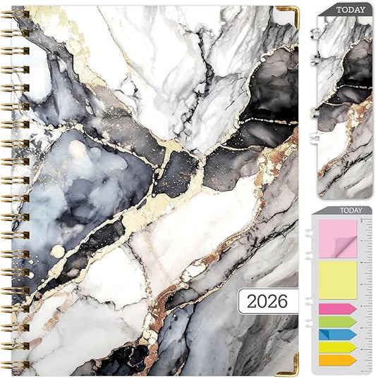 HARDCOVER 2026 Planner, 8.5"x11": 14 Months (November 2025 - December 2026), Daily Weekly Monthly Planner, Yearly Agenda, Bookmark, Pocket Folder and Sticky Note Set (Black Gold Marble)