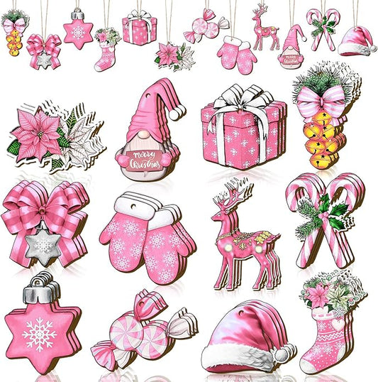 Huwena 36 Pcs Pink Christmas Wooden Ornaments Pink Christmas Decorations for Tree Snowman Gnomes Poinsettia Flowers Truck Wreath Wood Cutouts Tags with Ropes Winter Decor for Xmas Tree Gifts