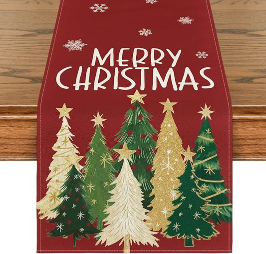 Artoid Mode Xmas Trees Snowflakes Red 210 GSM Merry Christmas Table Runner, Winter Kitchen Dining Table Decoration for Home Party Decor 13x120 Inch