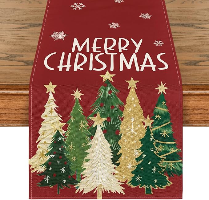 Artoid Mode Xmas Trees Snowflakes Red 210 GSM Merry Christmas Table Runner, Winter Kitchen Dining Table Decoration for Home Party Decor 13x60 Inch