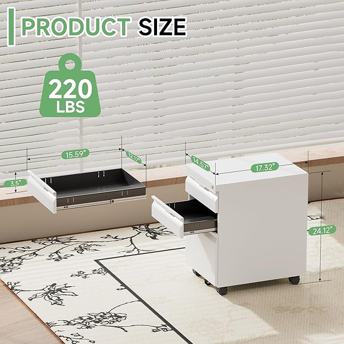 3 Drawer Mobile File Cabinet with Lock,Under Desk Metal Filing Cabinets with Wheels for Home Office Organizer Letters/Legal/A4(Easy Assemble-White)