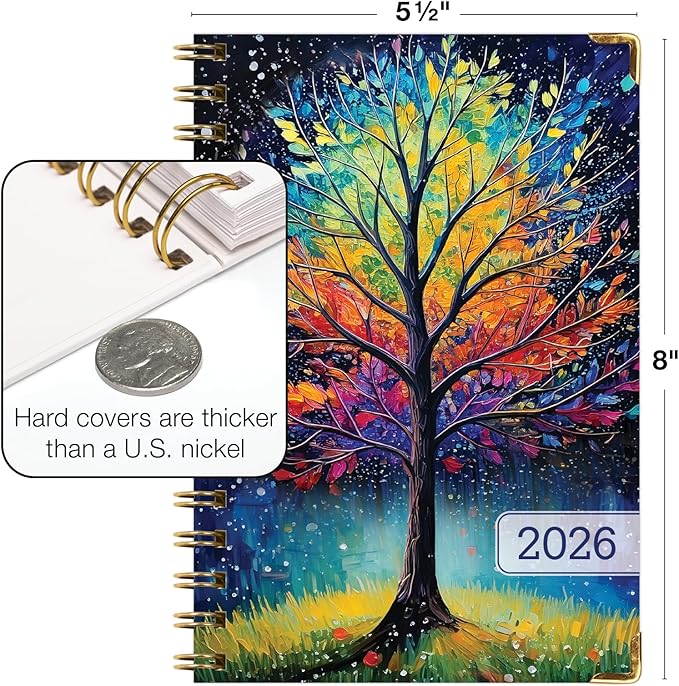 HARDCOVER 2026 Planner, 5.5"x8": 14 Months (November 2025 - December 2026), Daily Weekly Monthly Planner, Yearly Agenda, Bookmark, Pocket Folder and Sticky Note Set (Black Tree Seasons)