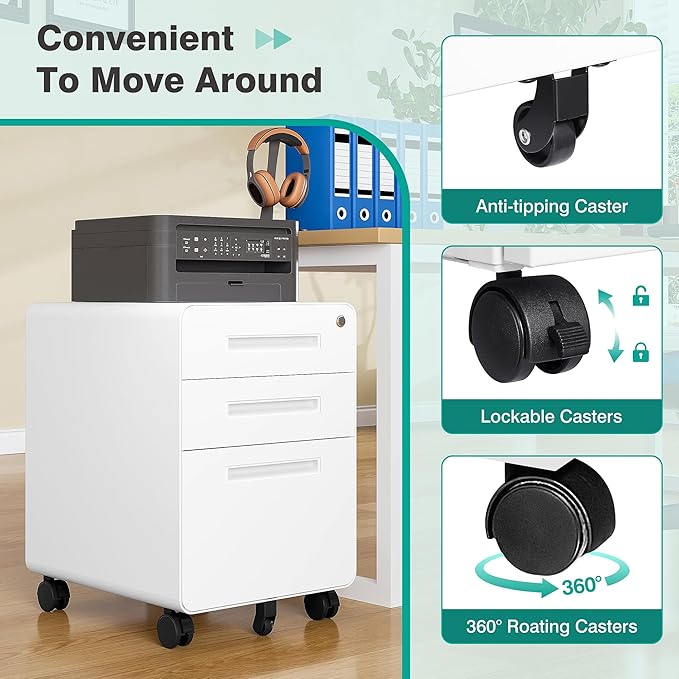 3 Drawer File Cabinet with Lock,Under Desk File Cabinet,White Rolling File Cabinets,Three Drawer Filing Cabinets for Home Office with Wheels,Fit A4/Letter/Legal File,Fully Assembled Except Casters