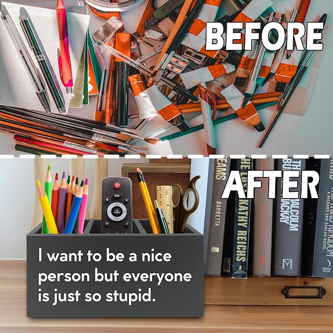 Funny Pen Pencil Holder Organizer for Desk, Sarcastic Gifts for Women Men Coworkers, Office Humor Gifts, Funny Wooden Box Sign for Home Office Desk Tabletop Decorations