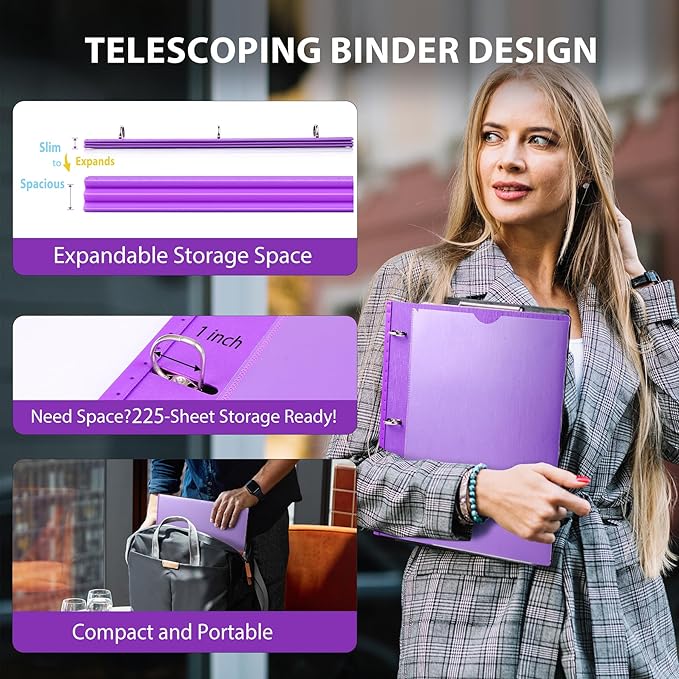 WOT I 1 Inch Telescoping 3 Ring Binder 4 Pack, Expandable Flexible Binder with Customizable Front Cover & Clear Catalog Pocket, Holds 225 Sheets, Assorted Colors, School Office Supplies