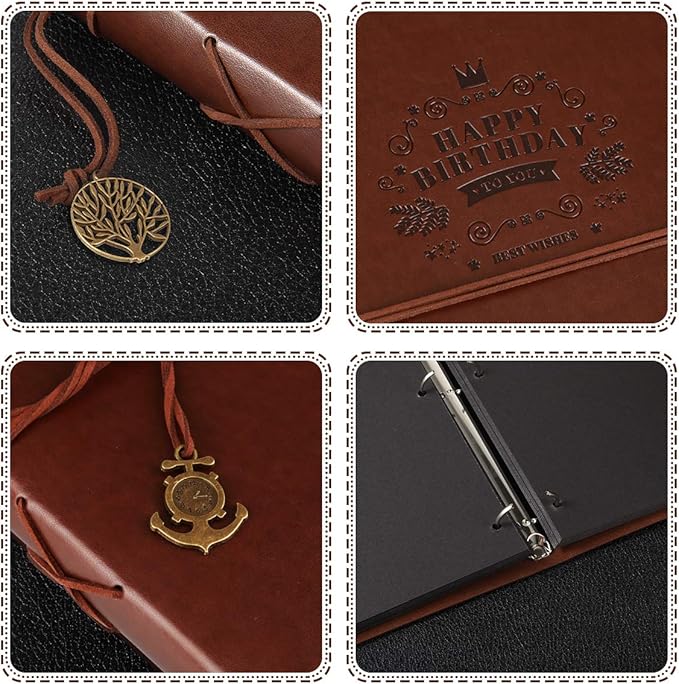 DIY Scrapbook Leather ThxMadam Vintage Scrap Book Photo Album Birthady Memories Book With 60 Black Pagse, Gift for Mum Dad Son Daughter Grandfather Grandma Girl Boy Friend Him or Her