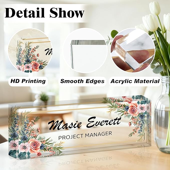 Ship Next Day-Custom Name Plate for Desk, Desk Name Plate Personalized, Acrylic Office Desk Accessories, Appreciation Gifts for Coworkers Employee Teachers Boss Women Men (Vintage Rose)